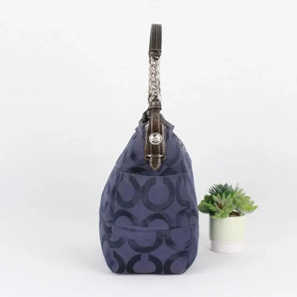 Coach Navy Blue Glitter Signature C Canvas Leather Shoulder Bag